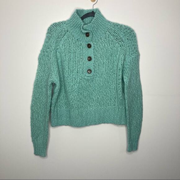 NWT EVERLANE The Lofty Knit Henley Sweater Mint Button Alpaca Merino Wool XS